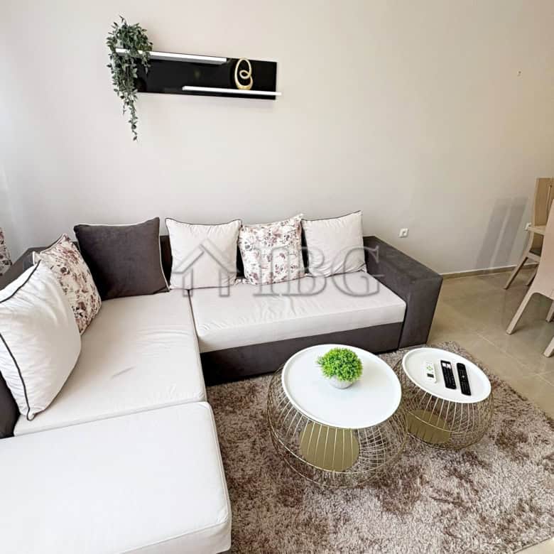 Bright living room with a sectional sofa, decorative cushions, and a cozy rug in a sunny apartment.