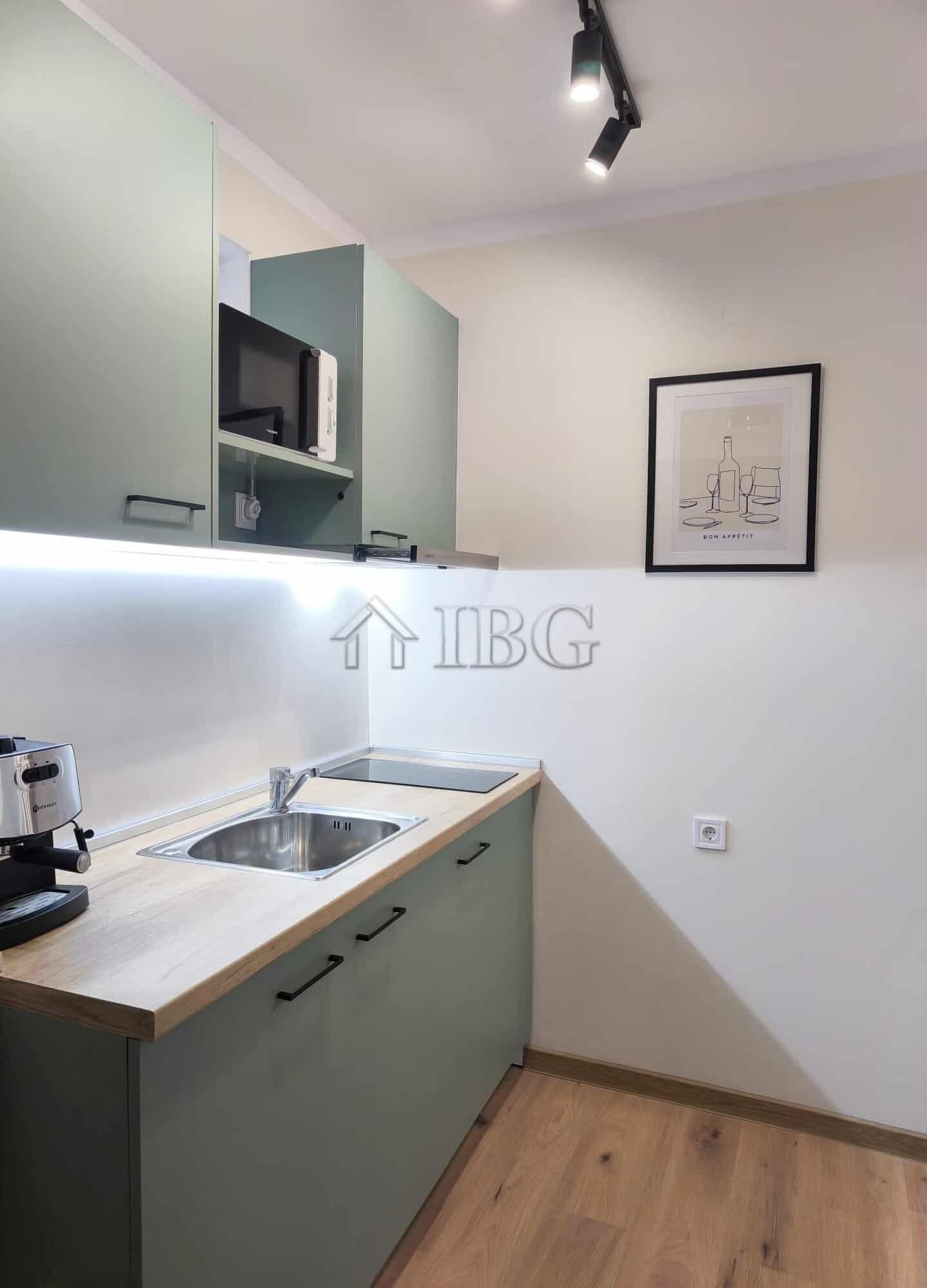 Furnished studio with balcony and sea view in Sveti Vlas, Bulgaria. Compact kitchen area with applia.