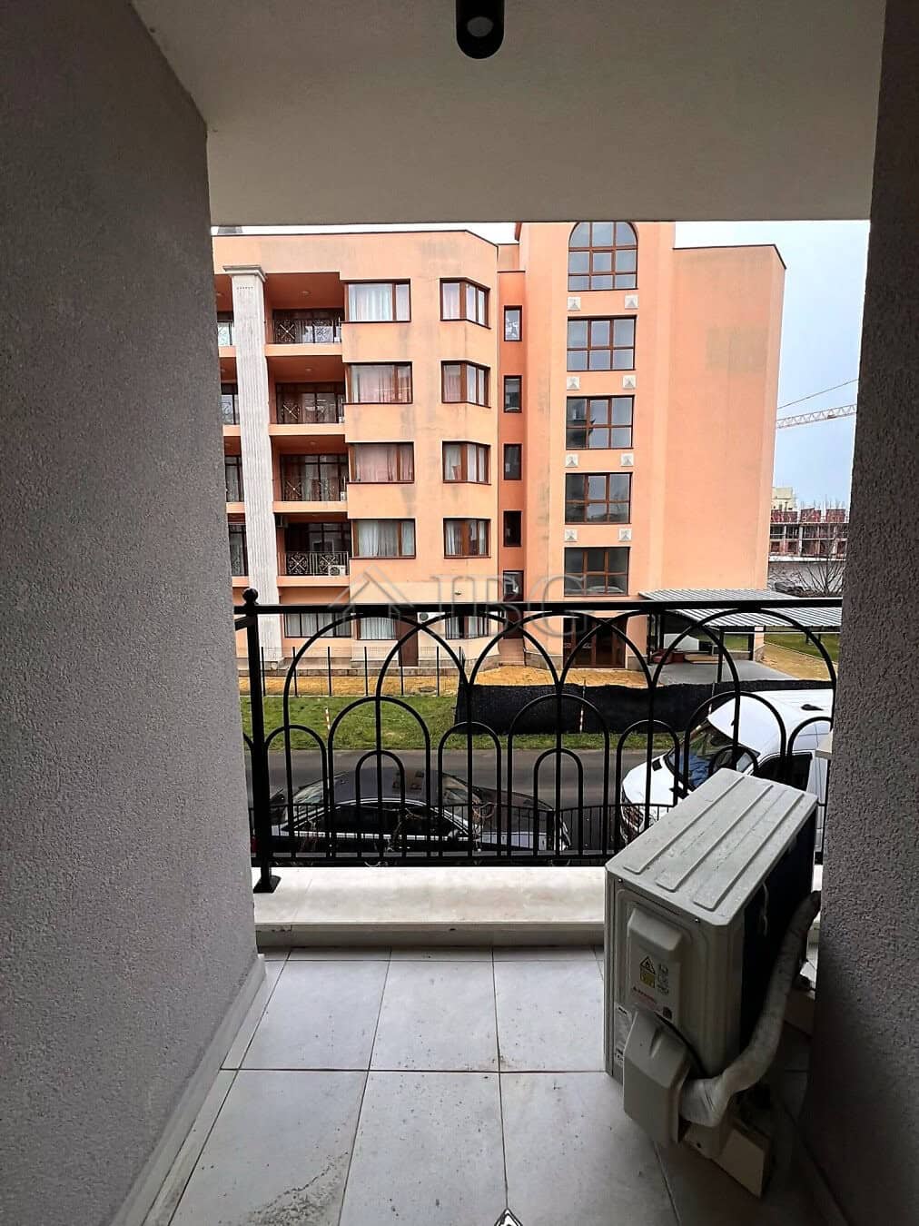 Balcony view of contemporary apartment complex in Sunny Beach, Bulgaria.