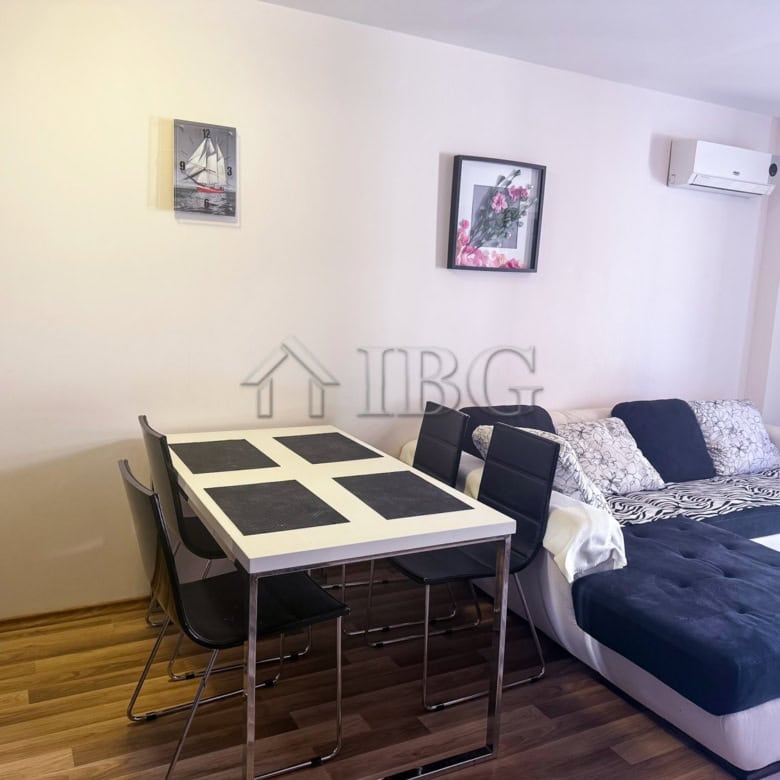 Cozy living room with modern furniture in Amadeus Lux apartment, Sunny Beach, Bulgaria.