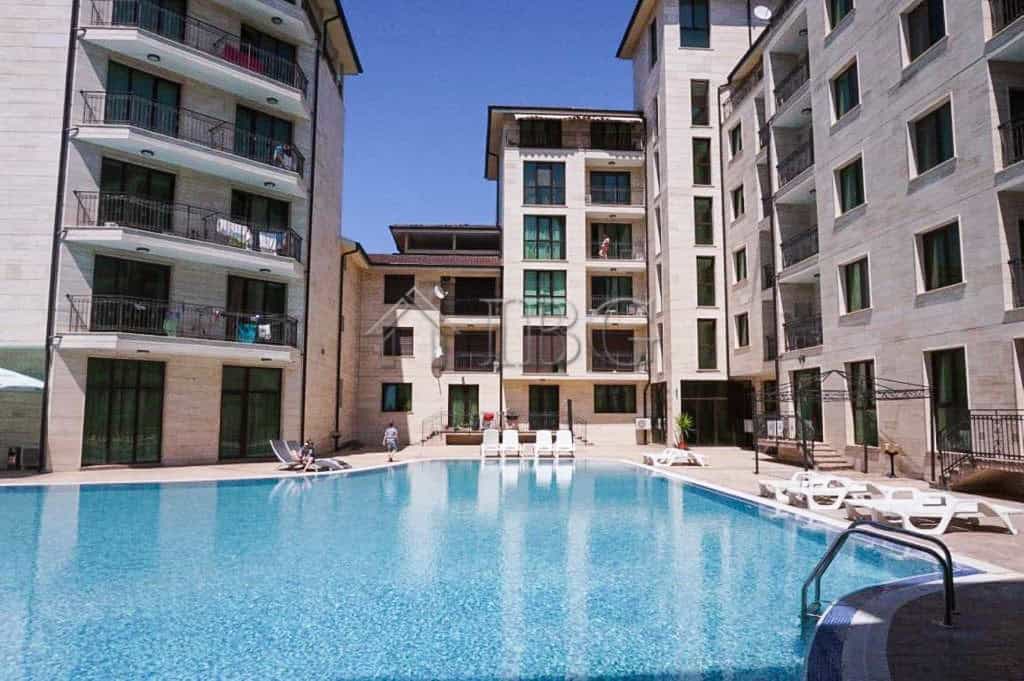 Bright one-bedroom apartment at Amadeus Lux with pool view in Sunny Beach, Bulgaria.