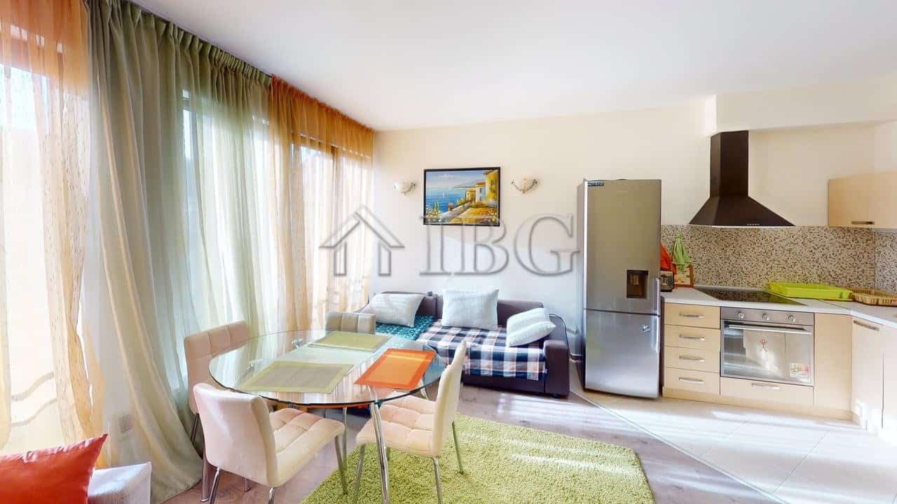 Pool view of a one-bedroom apartment at Amber Beach Complex, Sunny Beach.