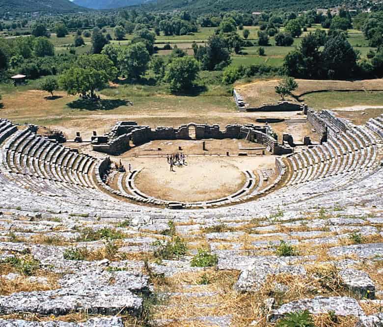 Historic Greek amphitheater with stone seating in Vitsa Zagori Greece.