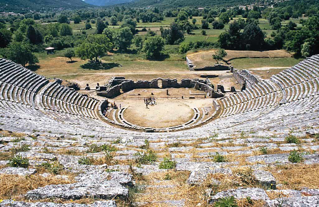 Historic Greek amphitheater with stone seating in Vitsa Zagori Greece.