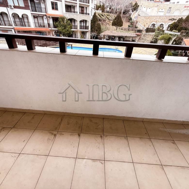 Balcony view from a furnished one-bedroom apartment in Arena 1, Sveti Vlas, offering first-line sea.