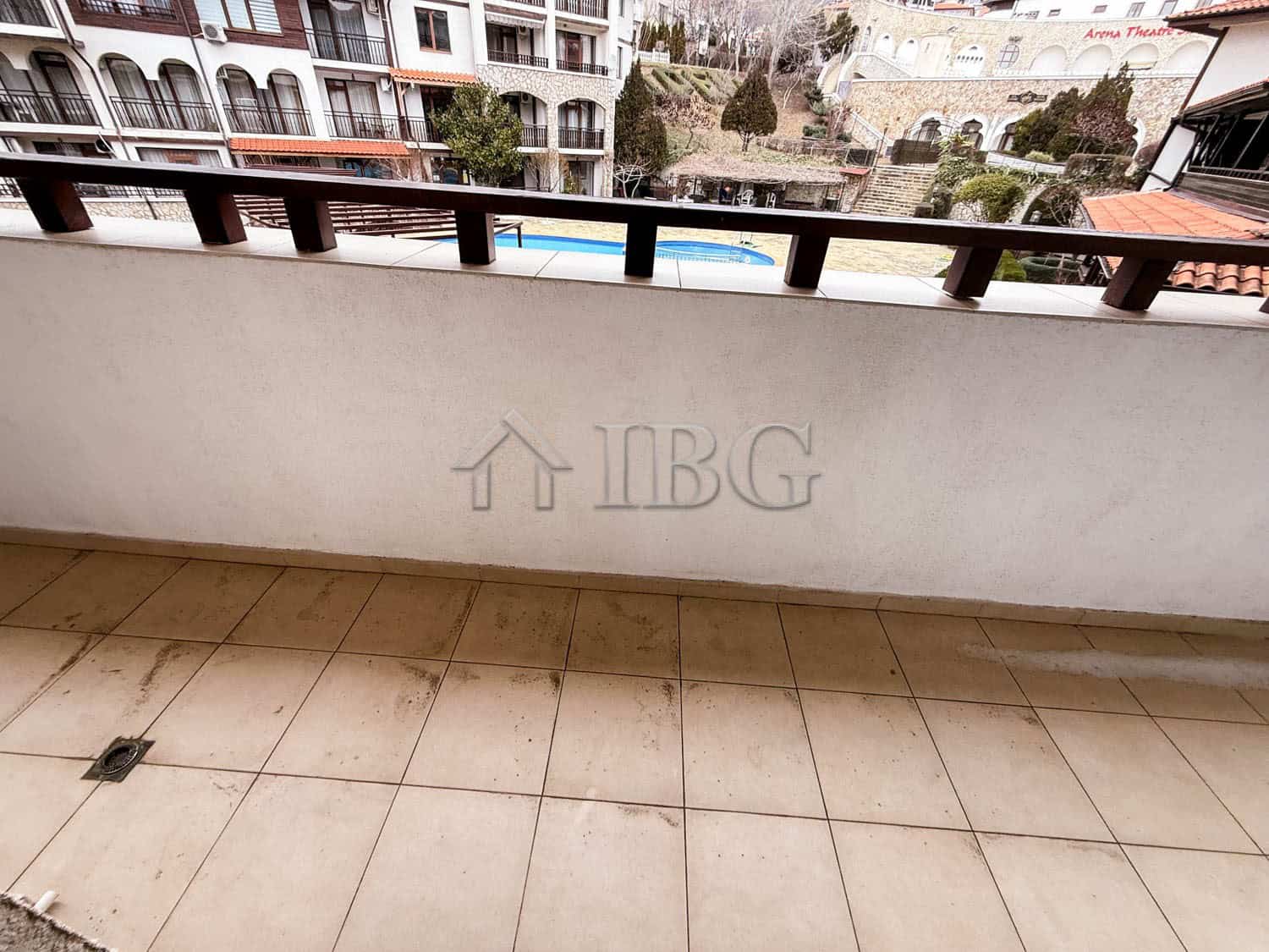 Balcony view from a furnished one-bedroom apartment in Arena 1, Sveti Vlas, offering first-line sea.