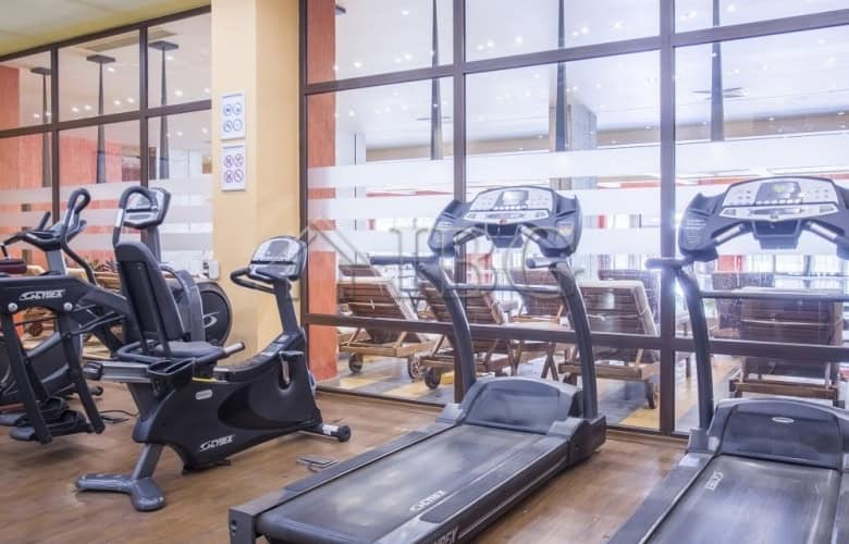 Gym interior with treadmills, exercise bikes, and weight machines near glass walls.