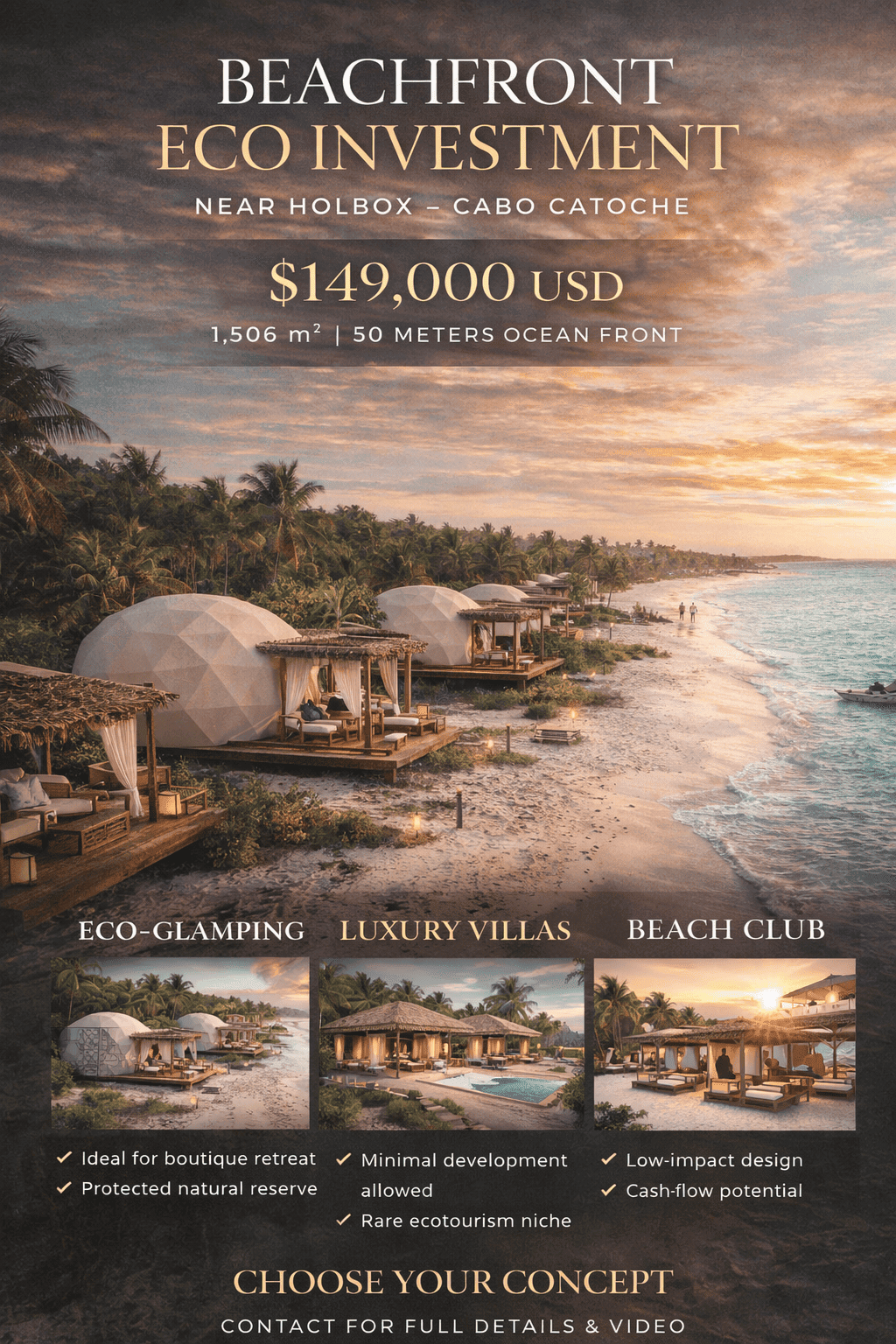 Beachfront eco investment property in Holbox, Mexico with luxury villas and beach club.