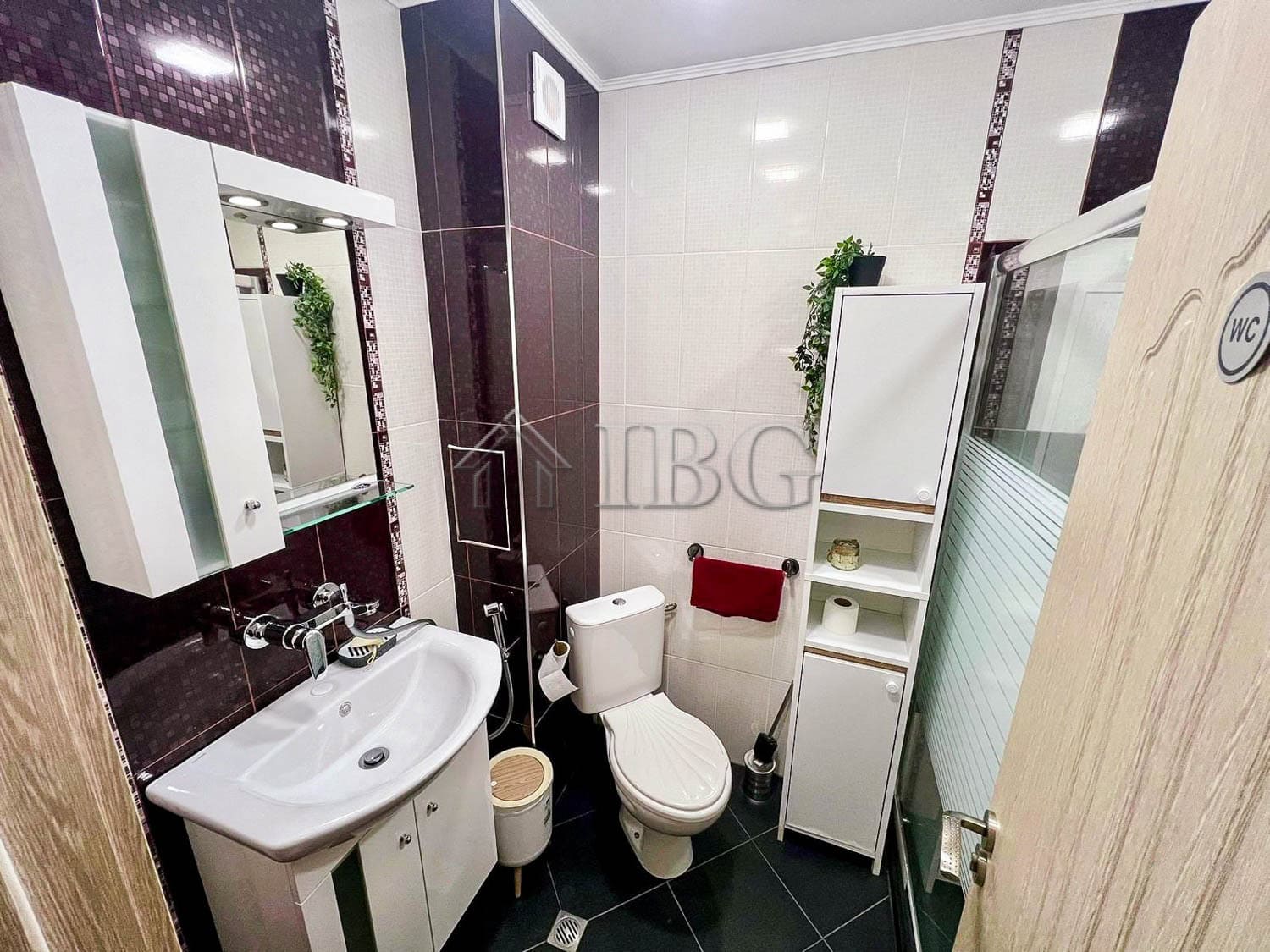 Bright bathroom with white fixtures, dark wall tiles, and green plants in Sarafovo apartment.