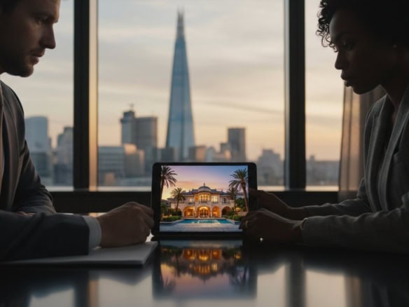 City skyline with two professionals reviewing property details on a tablet.