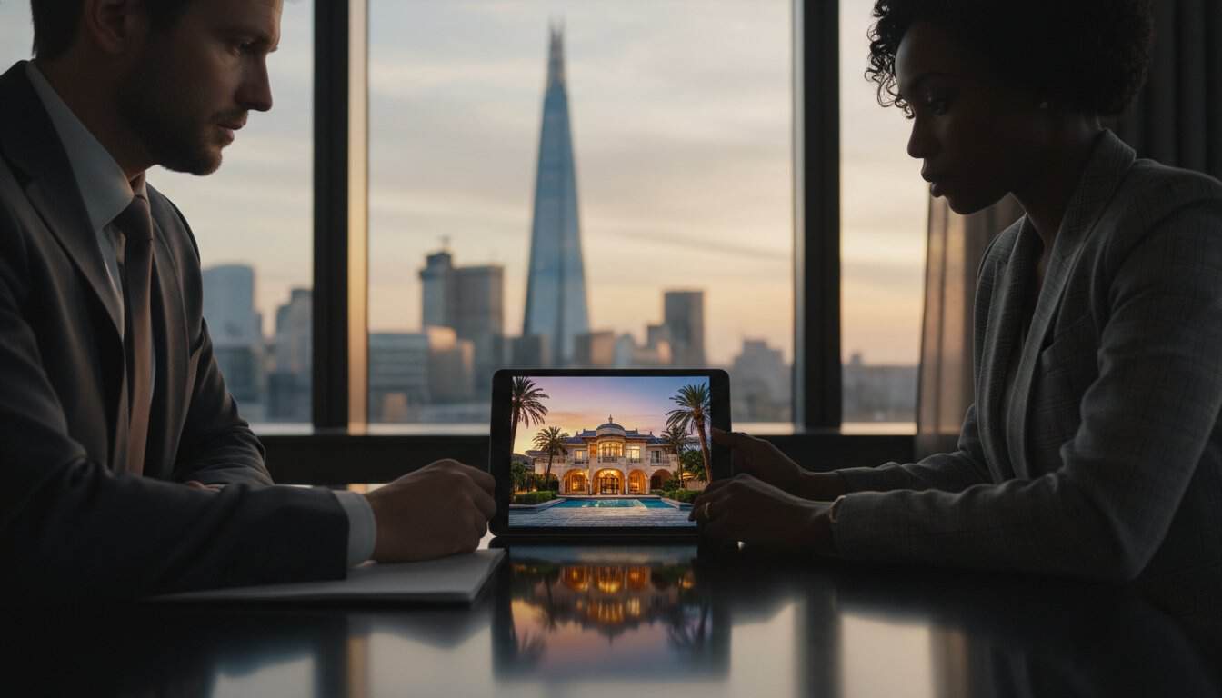 City skyline with two professionals reviewing property details on a tablet.