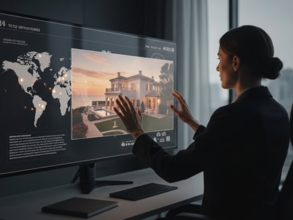 Woman viewing a luxury property on a digital screen in an office setting.