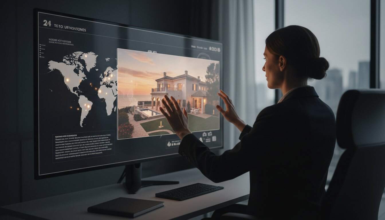 Woman viewing a luxury property on a digital screen in an office setting.