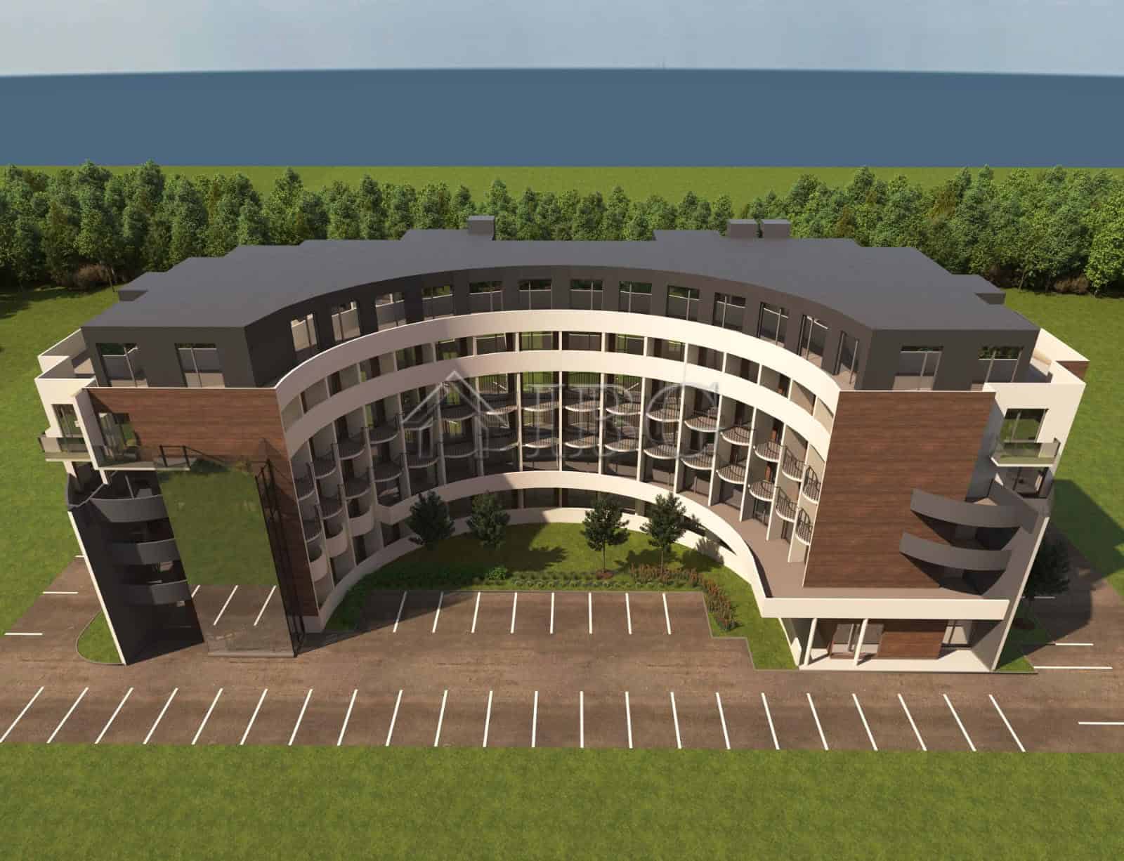 Modern residential building in a resort setting with curved design and multiple balconies.