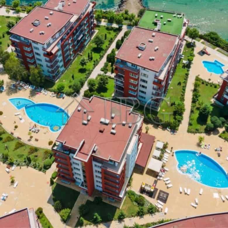 Aerial view of a modern 2-bedroom apartment complex overlooking the marina in Sveti Vlas.