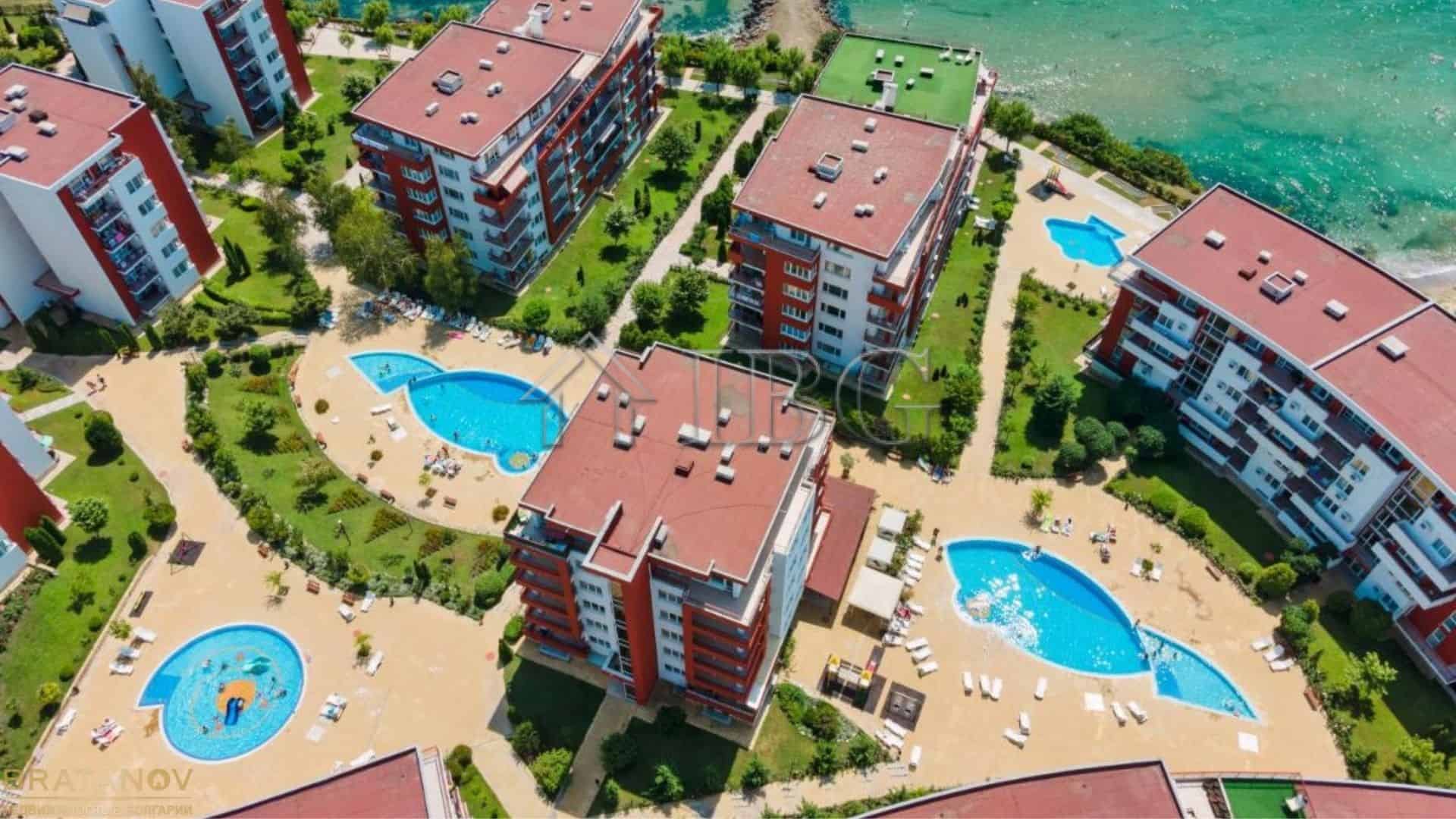 Aerial view of a modern 2-bedroom apartment complex overlooking the marina in Sveti Vlas.