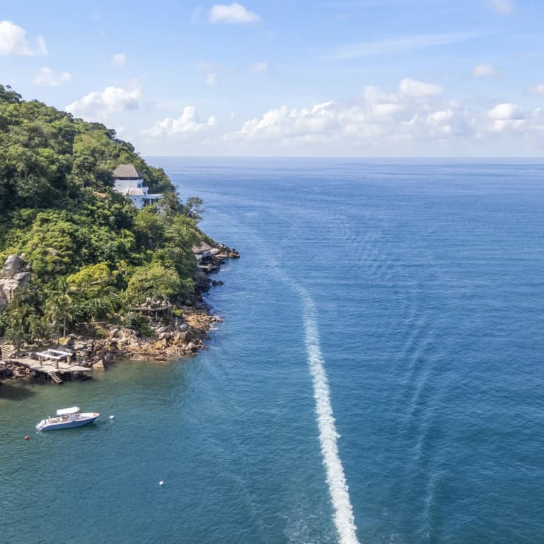 Stunning seaside villa overlooking the ocean with lush greenery and private beach access.