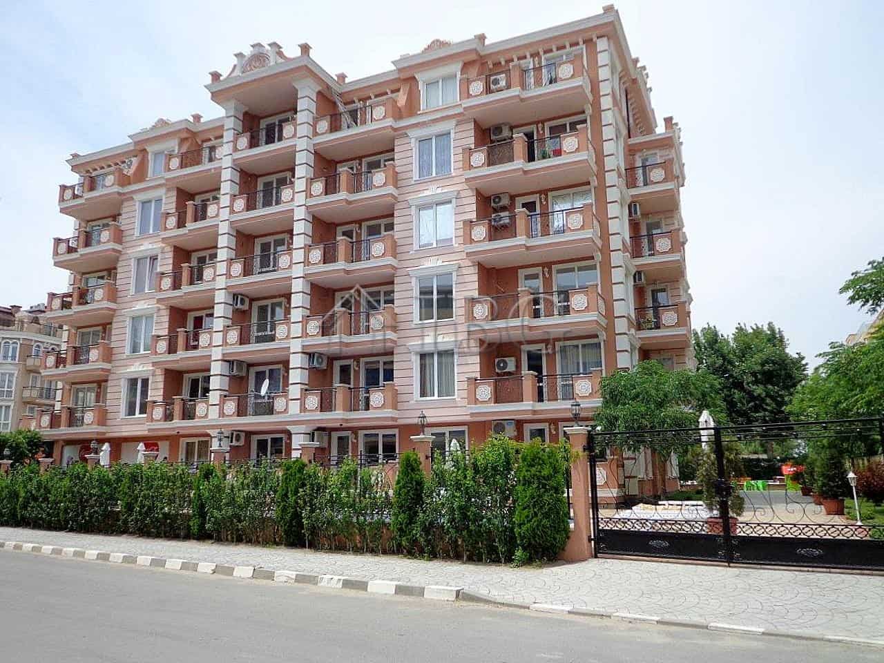 Apartment building with pool view in Sunny Beach, Bulgaria.