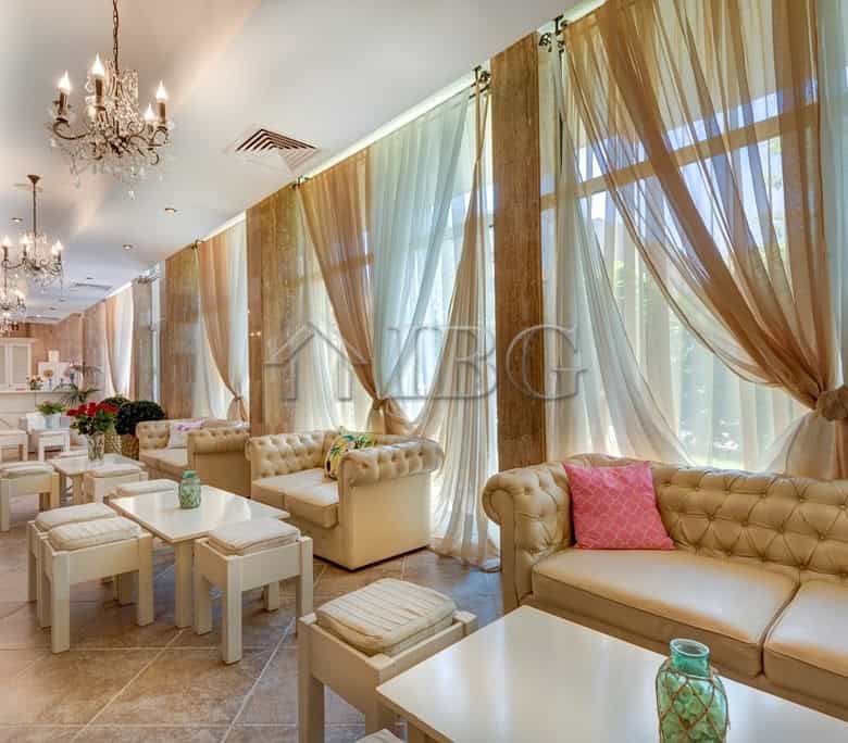 Spacious 1-bedroom apartment living room with elegant furniture and large windows with flowing curta.