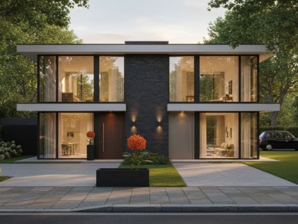Modern two-story house with large glass windows and landscaped garden.