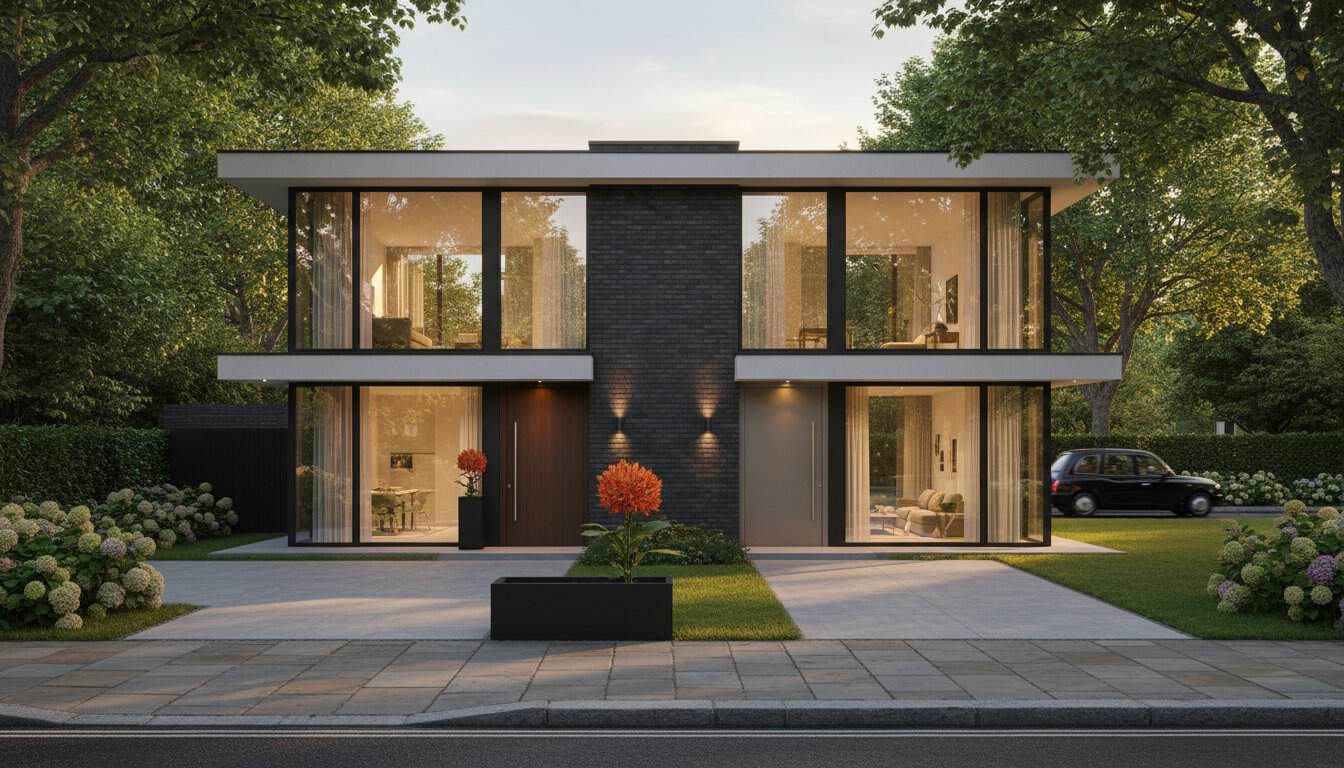 Modern two-story house with large glass windows and landscaped garden.