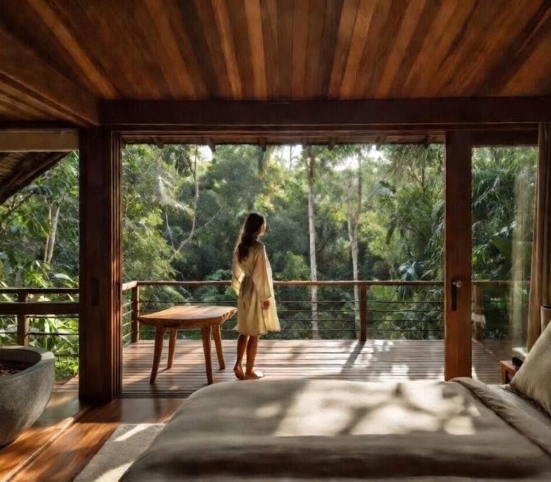 Woman overlooking lush cloud forest from cabin balcony in Cerro Punta, Panama.