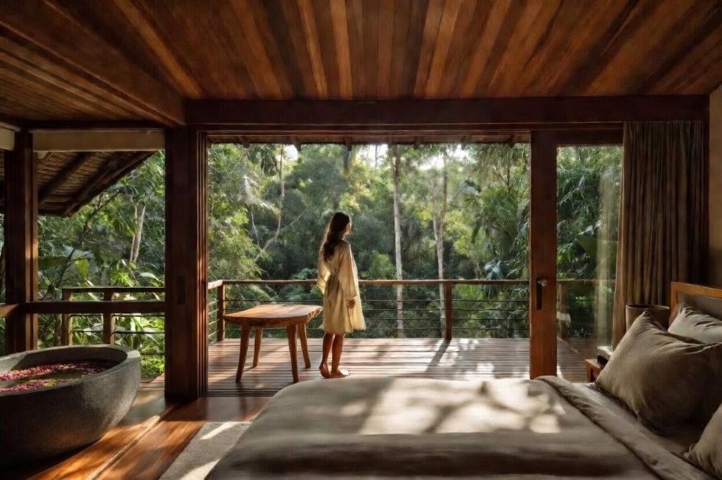 Woman overlooking lush cloud forest from cabin balcony in Cerro Punta, Panama.