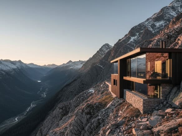 Contemporary mountain house with large glass windows on rugged terrain.