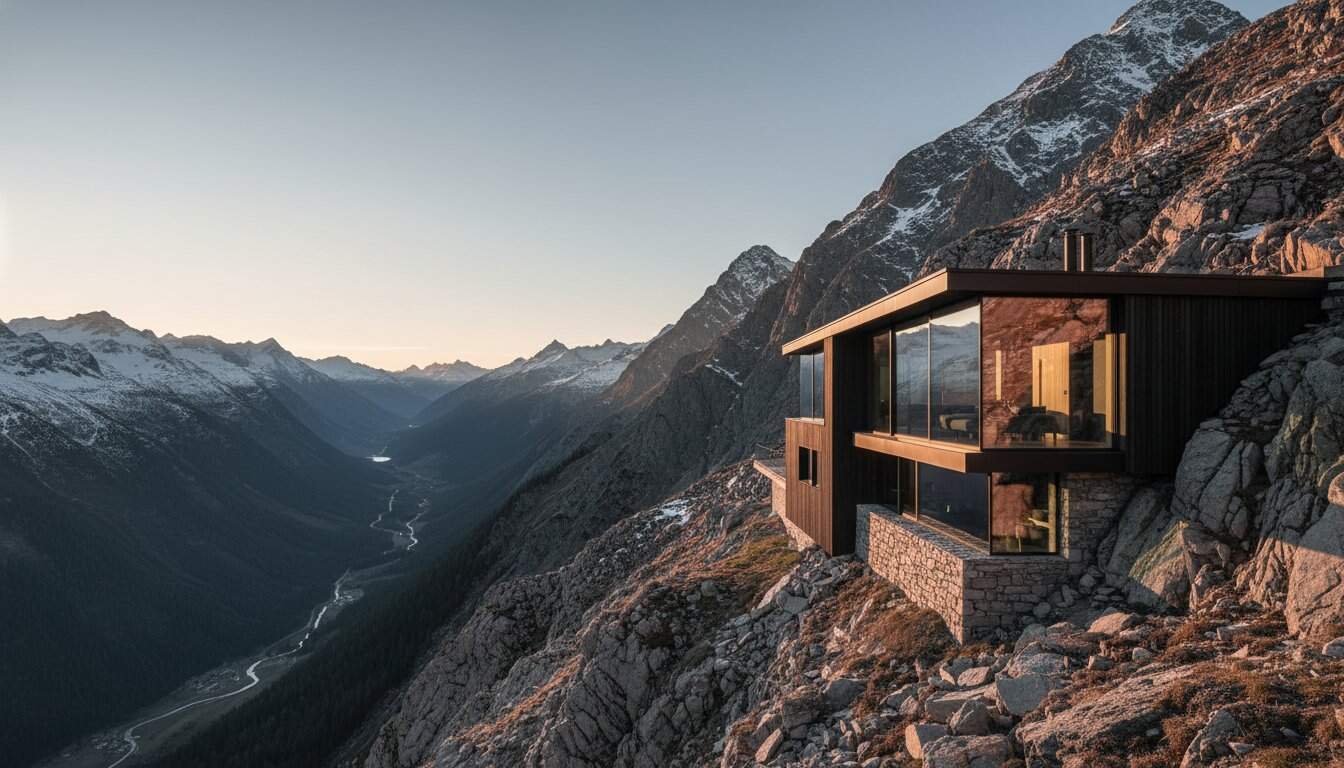 Contemporary mountain house with large glass windows on rugged terrain.