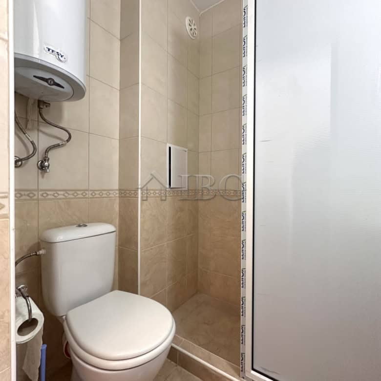 Compact bathroom with shower, toilet, and water heater in a studio apartment.