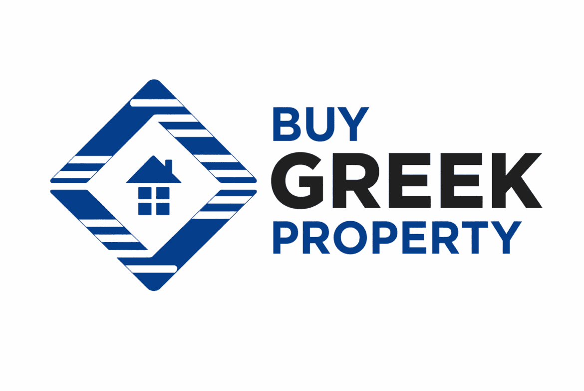 Buy Greek property logo with house icon and geometric design.