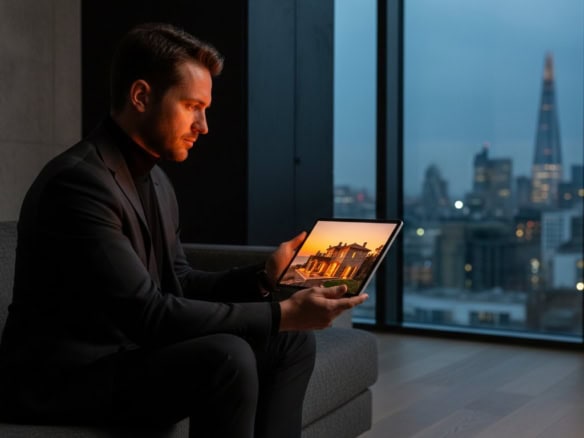 Man using tablet in urban apartment with city skyline at dusk.