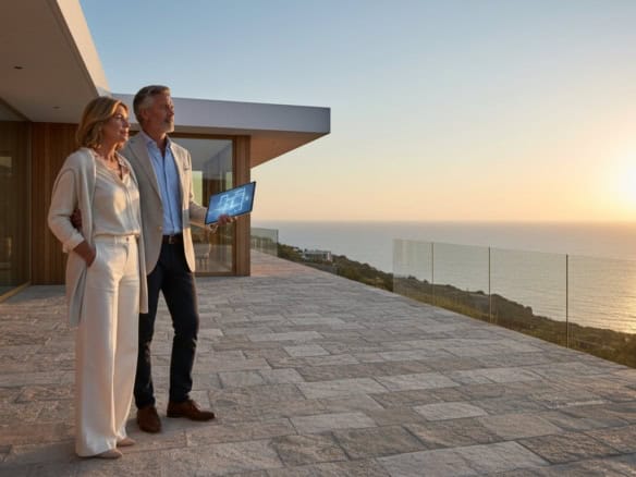 Luxury oceanview property with couple viewing sunset.