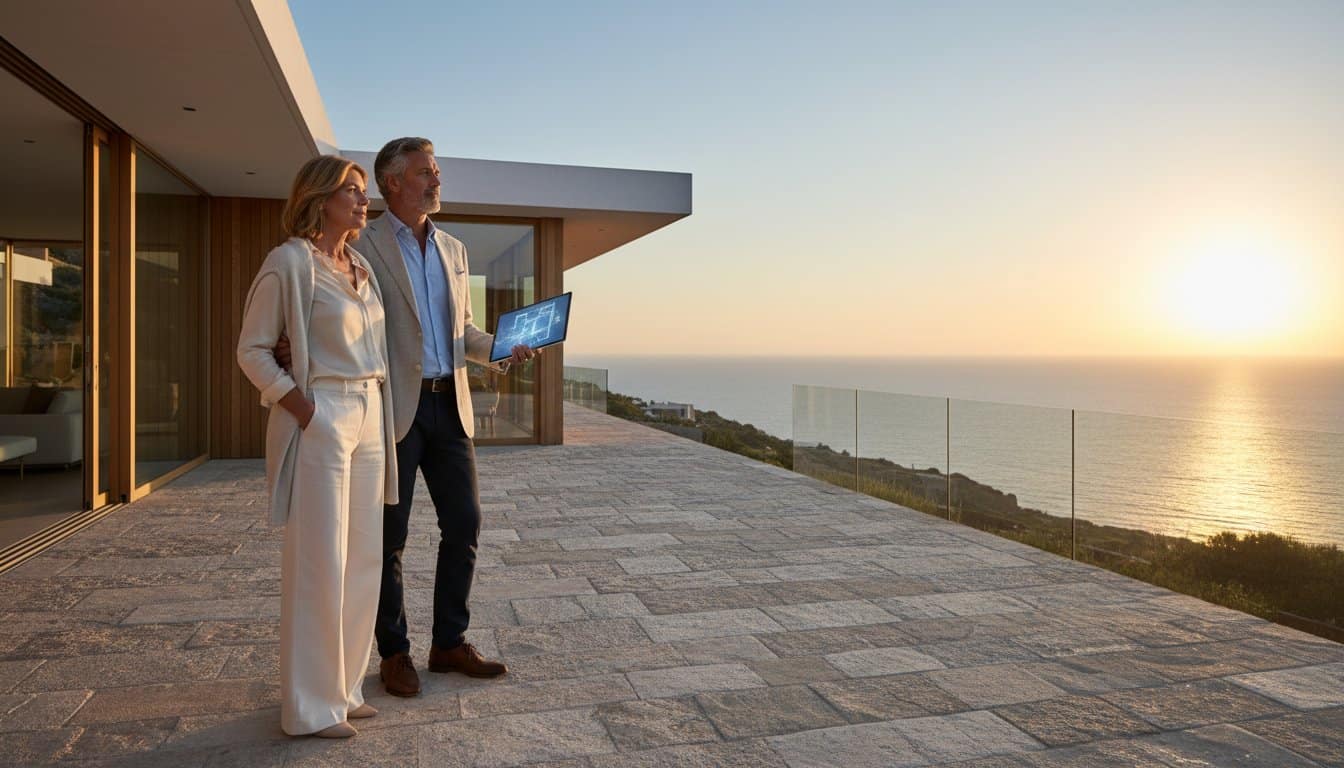 Luxury oceanview property with couple viewing sunset.