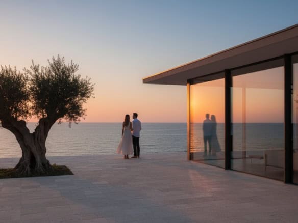 Seaside villa with large glass windows overlooking the ocean at sunset.