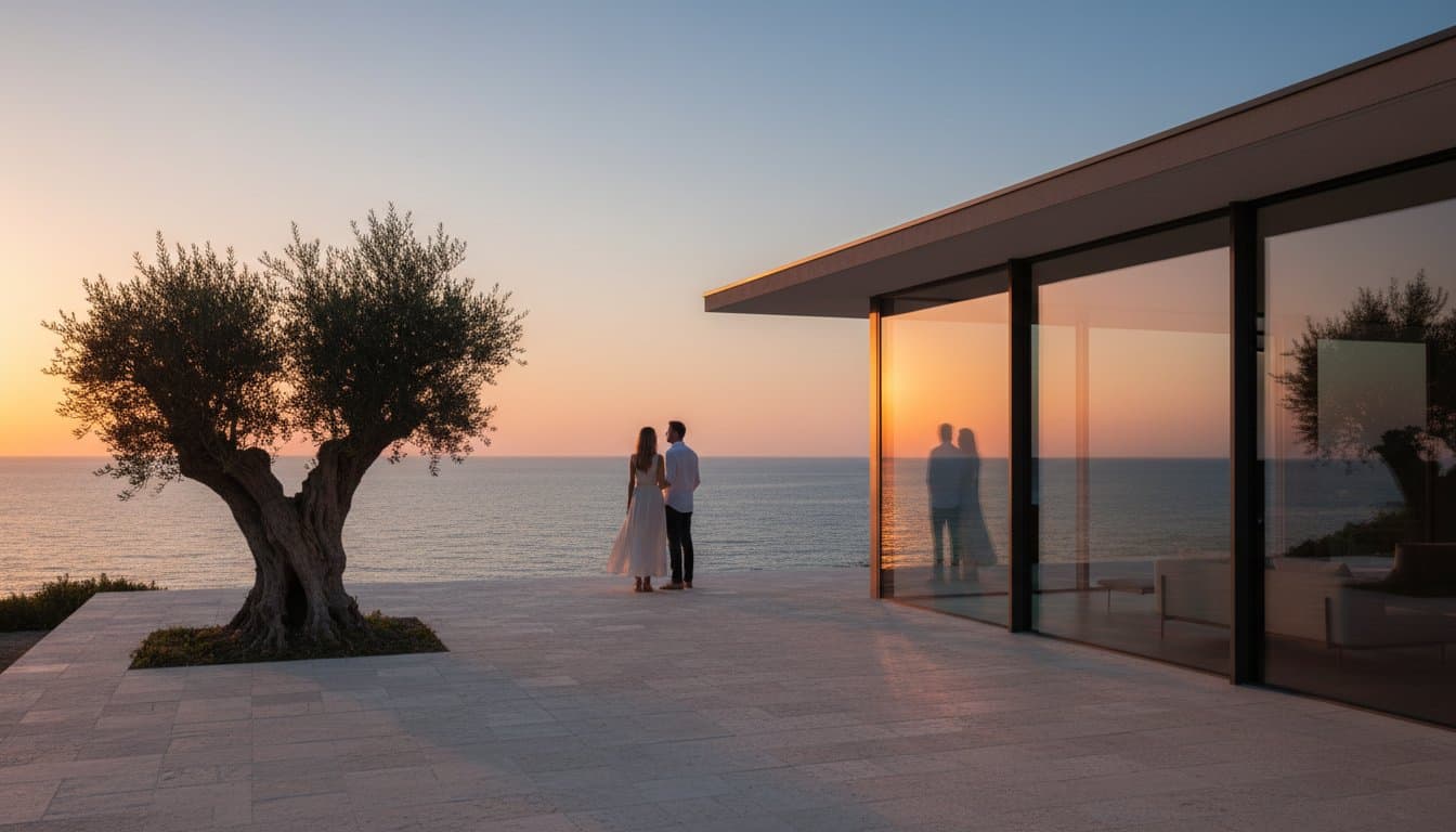 Seaside villa with large glass windows overlooking the ocean at sunset.