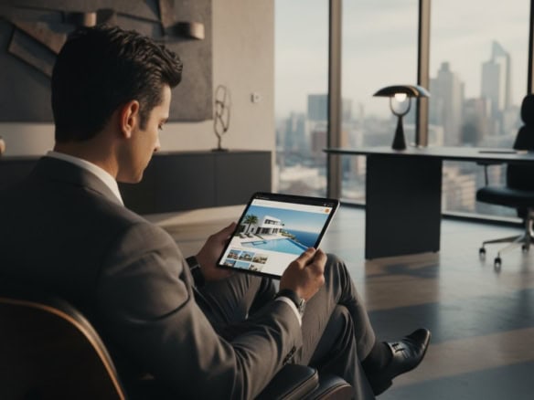 Businessman viewing property listings on tablet in modern office setting.