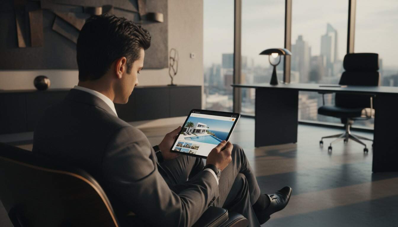 Businessman viewing property listings on tablet in modern office setting.