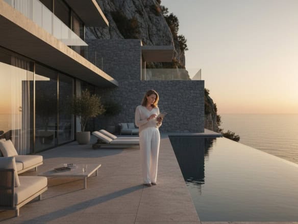 Luxury seaside villa with infinity pool overlooking the ocean at sunset.