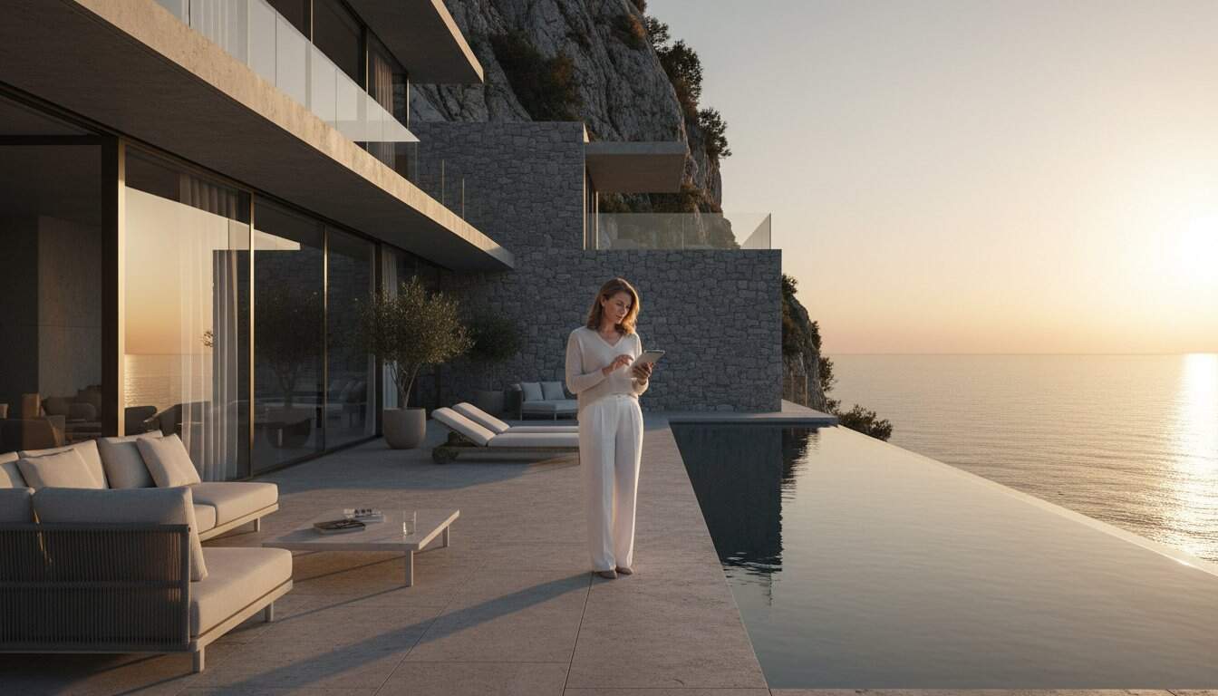 Luxury seaside villa with infinity pool overlooking the ocean at sunset.