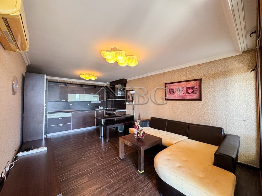 Modern 1-bedroom apartment with sea views in Sveti Vlas, Bulgaria, featuring a spacious living area.