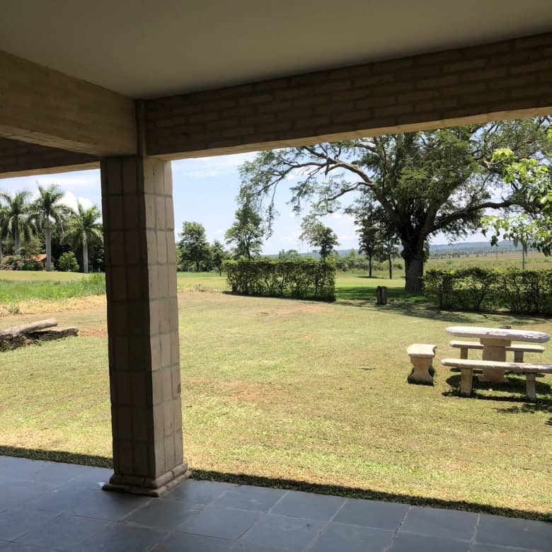 Outdoor garden view of a spacious yard at a luxury property in Paraguay.