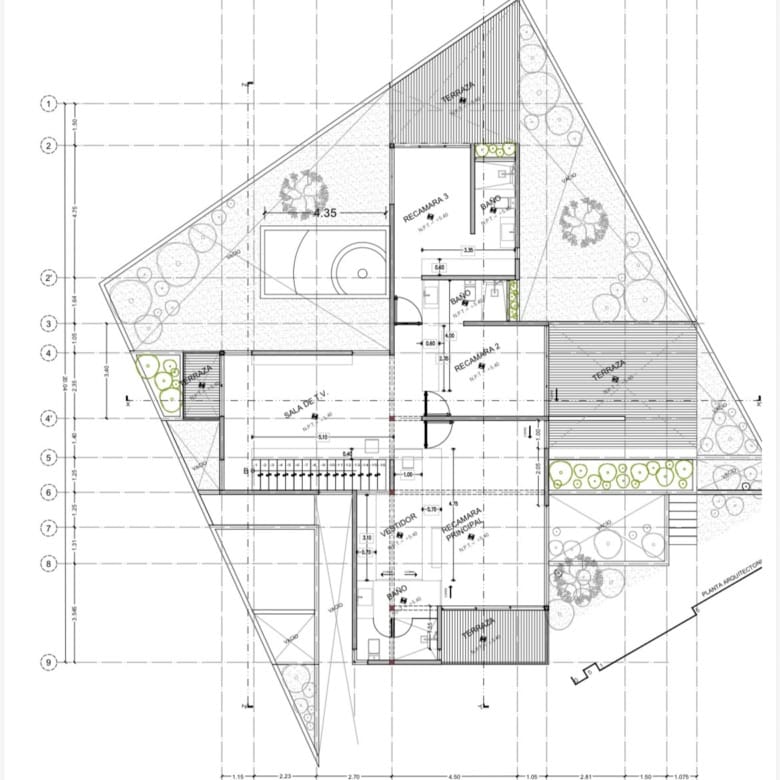 Architectural blueprint of a modern house with detailed floor plan and surrounding greenery.