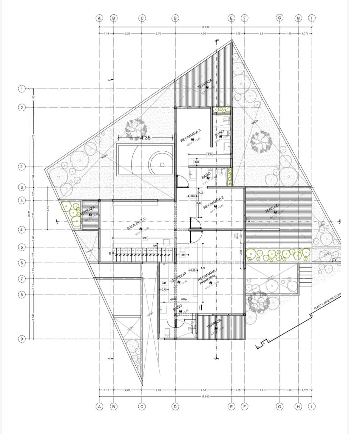 Architectural blueprint of a modern house with detailed floor plan and surrounding greenery.