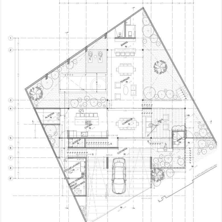 Architectural blueprint of a modern house with detailed floor plan and surrounding garden.