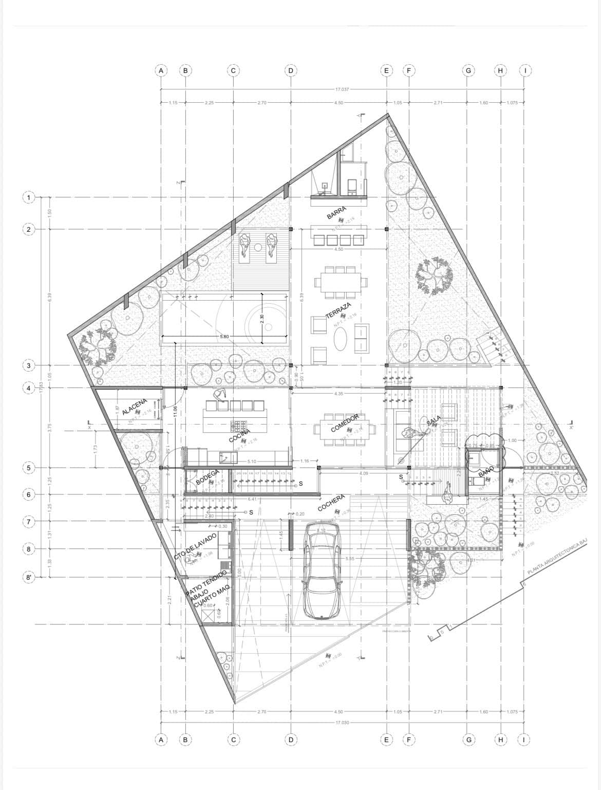Architectural blueprint of a modern house with detailed floor plan and surrounding garden.