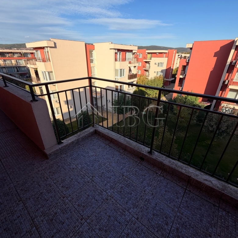 Balcony of a 2+1 apartment for sale at Holiday Fort Club in Sunny Beach, offering scenic views and o.