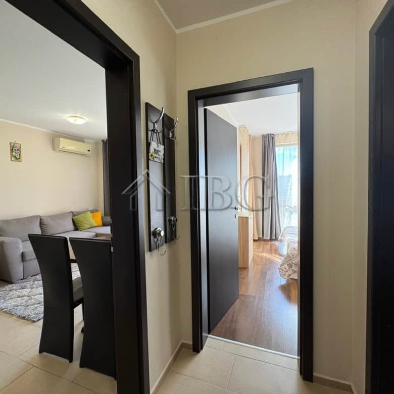 Interior view of a 1-bedroom apartment with pool view in Sunny Beach.