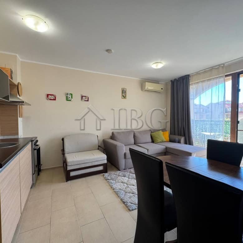 Bright 1-bedroom apartment with pool view in Harmony Suites 1, Sunny Beach. Modern living space with.