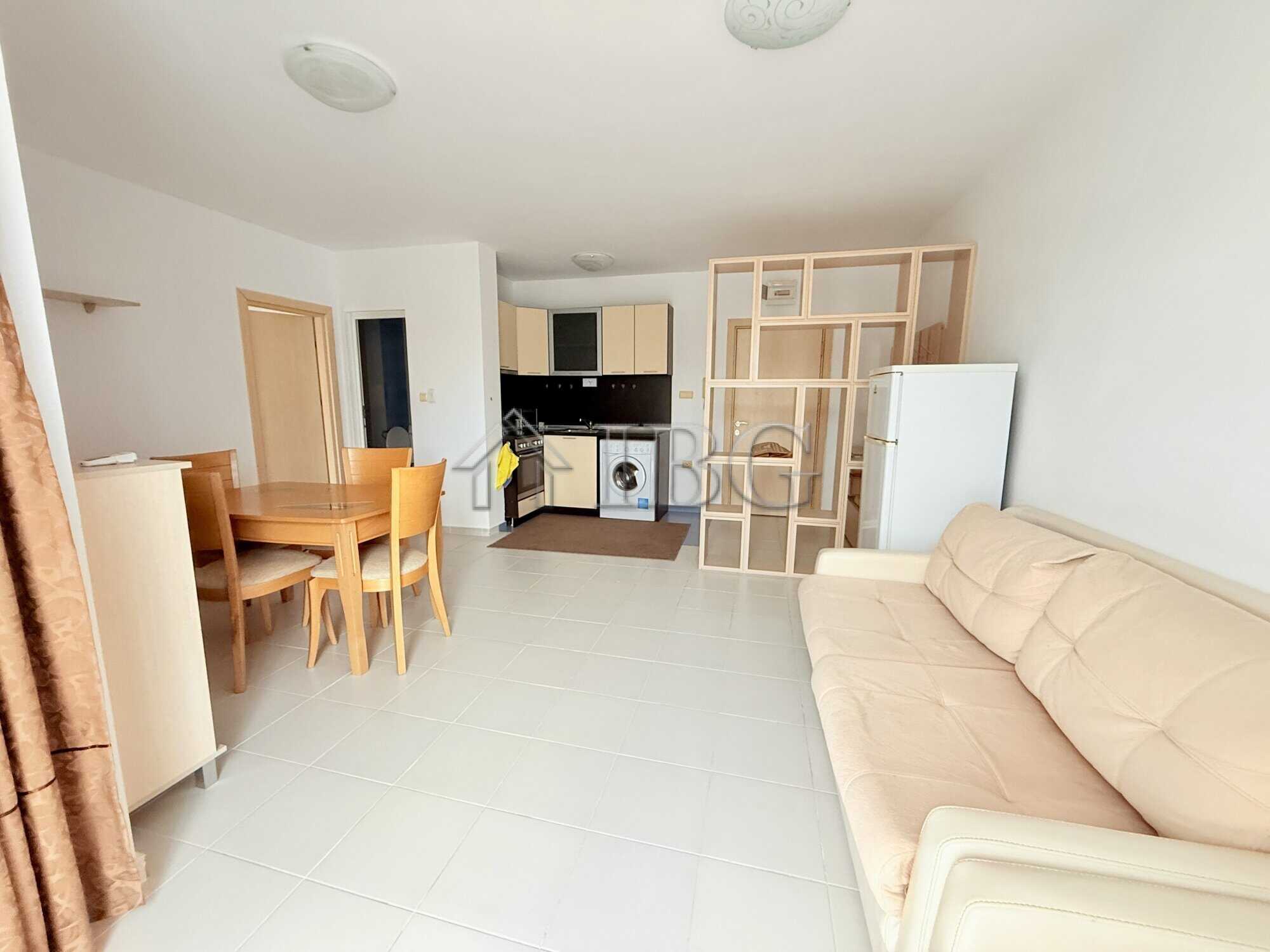 Bright interior of a one-bedroom apartment with mountain views in Butterfly Complex, Sveti Vlas.